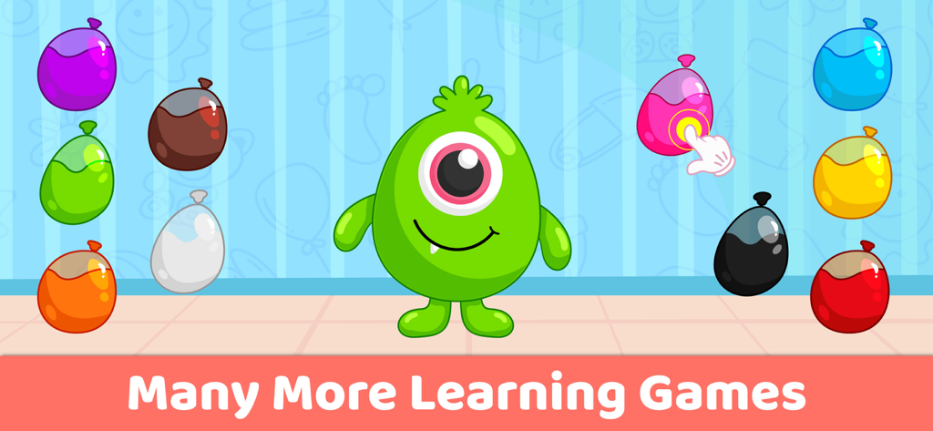 Piano Kids Music Learning Game - Un monstruo verde amigable de un solo ojo rodeado de globos de colores en un juego de aprendizaje para niños pequeños