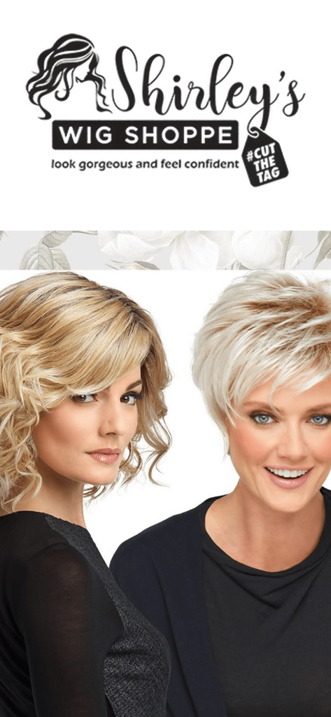 Shirleys Wig Shoppe - Shirleys Wig Shoppe logo and models wearing stylish blonde and platinum wigs