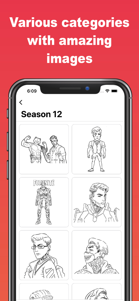 Colortnite: Nite Coloring Game - Tela de aplicativo móvel mostrando vários modelos de colorir de personagens no jogo Colortnite