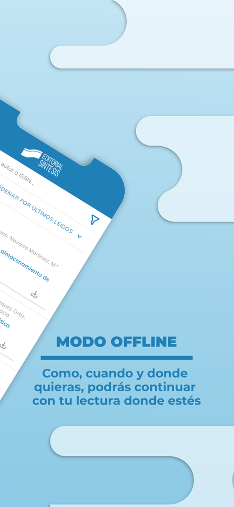 Editorial Síntesis - Interfaz de la aplicación Editorial Síntesis destacando el modo de lectura sin conexión para libros de texto académicos y profesionales en español.