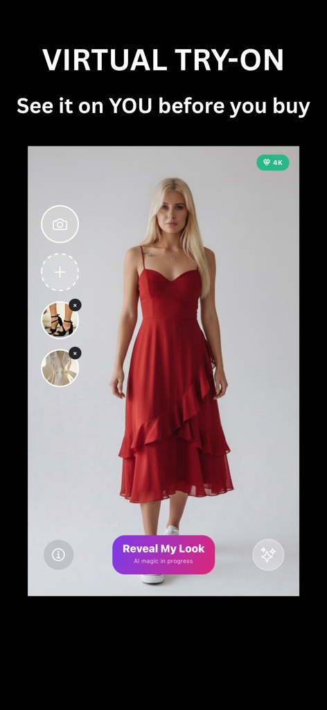 FashionVue - FashionVue app interface showing a blonde woman in a virtual red dress with the text Virtual Try-On