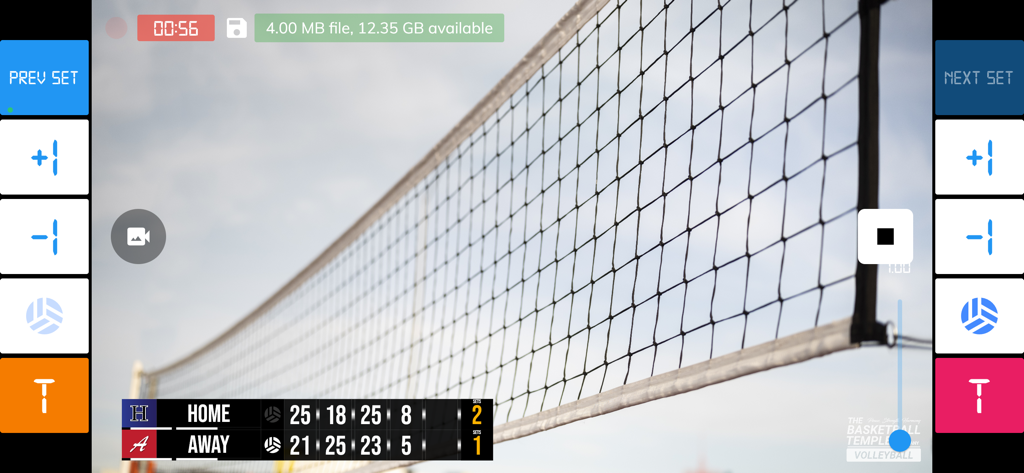 BT Volleyball Camera - BT Volleyball Camera app recording interface showing a live game with a professional score overlay and scoreboard.