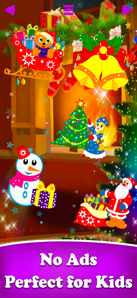 Christmas themed screen from the rattle game for toddlers featuring Santa Claus, a snowman, and festive decorations.
