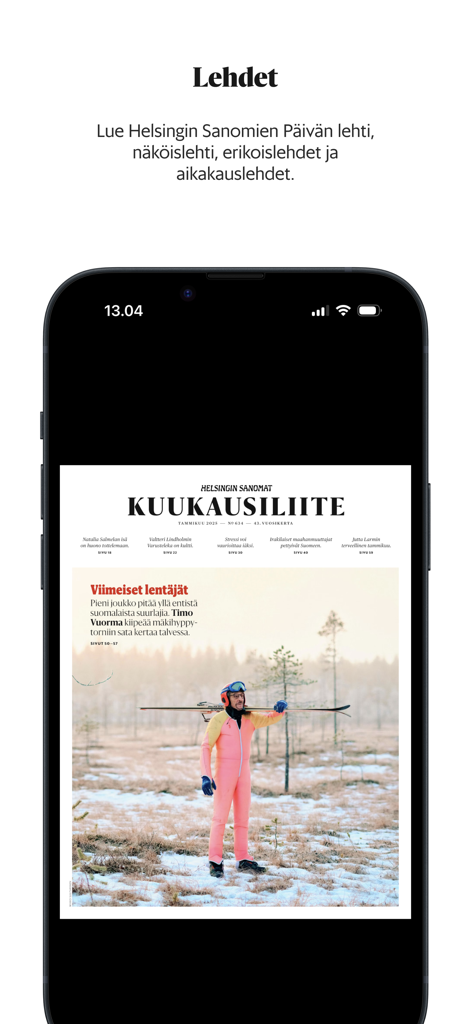 HS – Helsingin Sanomat - Smartphone screen displaying the Kuukausiliite magazine cover in the Helsingin Sanomat app