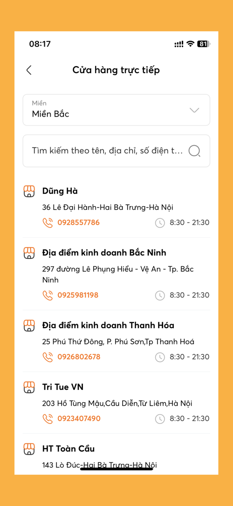 Vietnamobile - Vietnamobile app interface showing a directory of direct store locations in Northern Vietnam with addresses and contact information