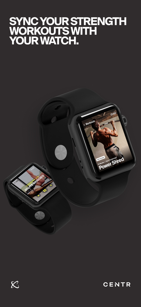 Two Apple Watches displaying Centr app strength training workouts and heart rate data