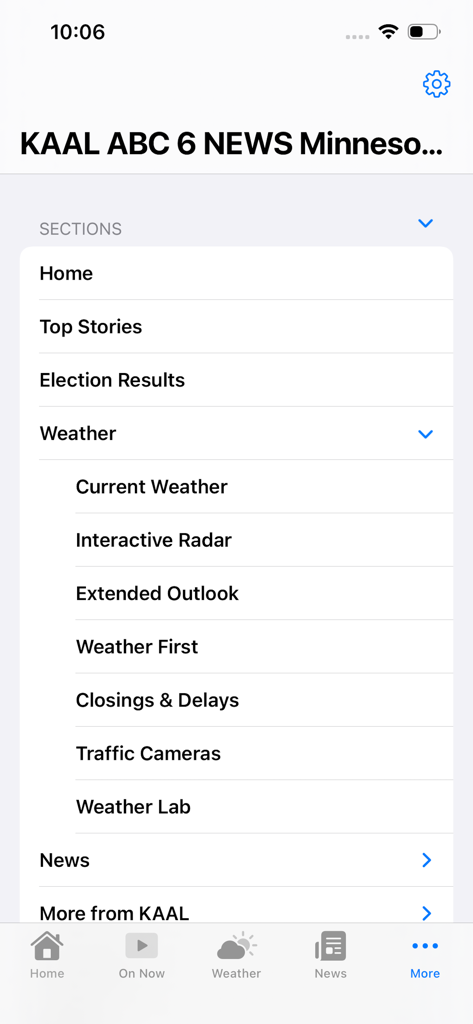 KAAL ABC 6 NEWS Minnesota Iowa - KAAL ABC 6 News app navigation menu showing categories like Top Stories, Election Results, and detailed Weather sections