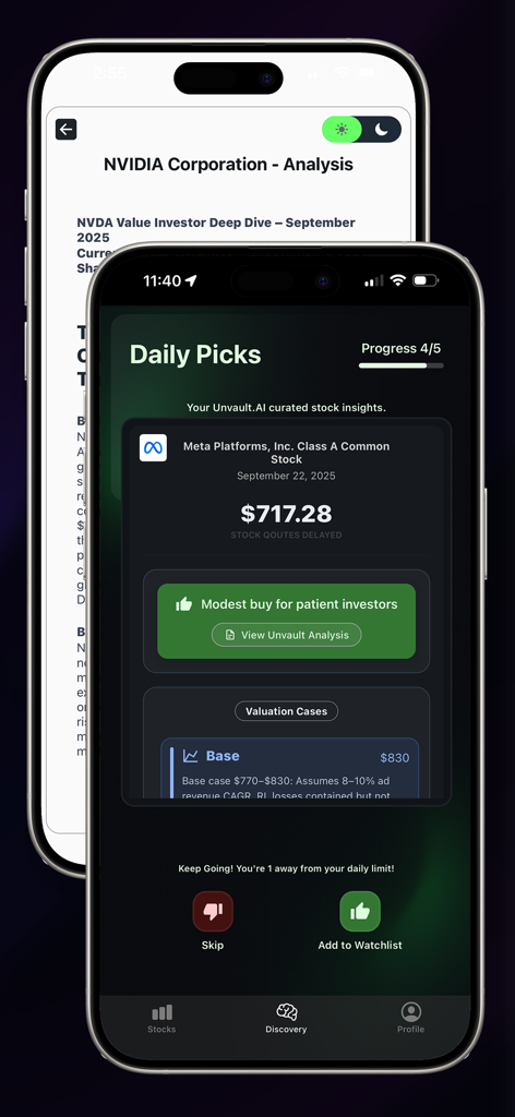 Unvault.AI mobile app interface displaying curated daily stock picks and detailed financial analysis
