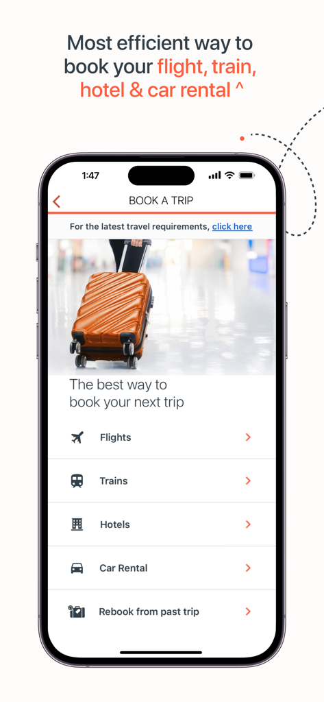 myCWT - Pantalla de la aplicación myCWT mostrando opciones de reserva de viajes para vuelos, trenes, hoteles y alquiler de coches