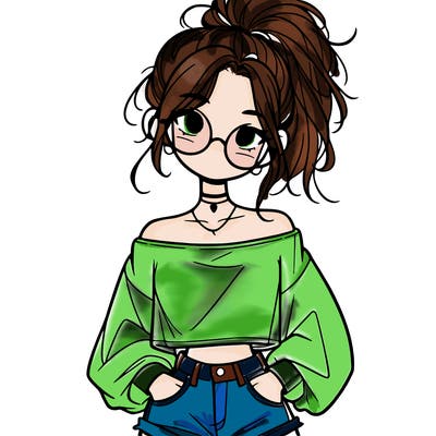 girl with a messy ponytail glasses a baggy crop top and jean shorts