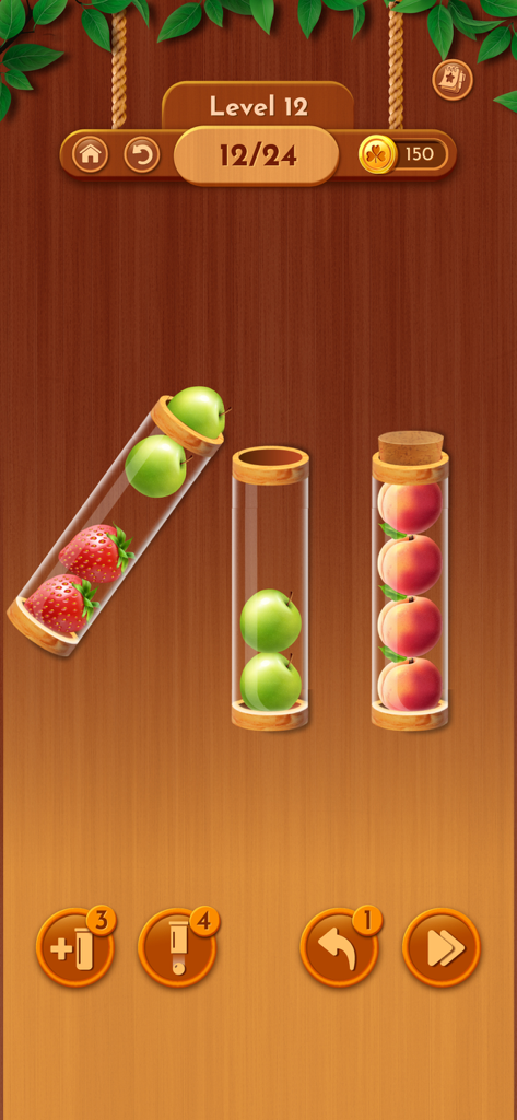 Woody Sort puzzle game interface showing fruit sorting in tubes against a rustic wooden background