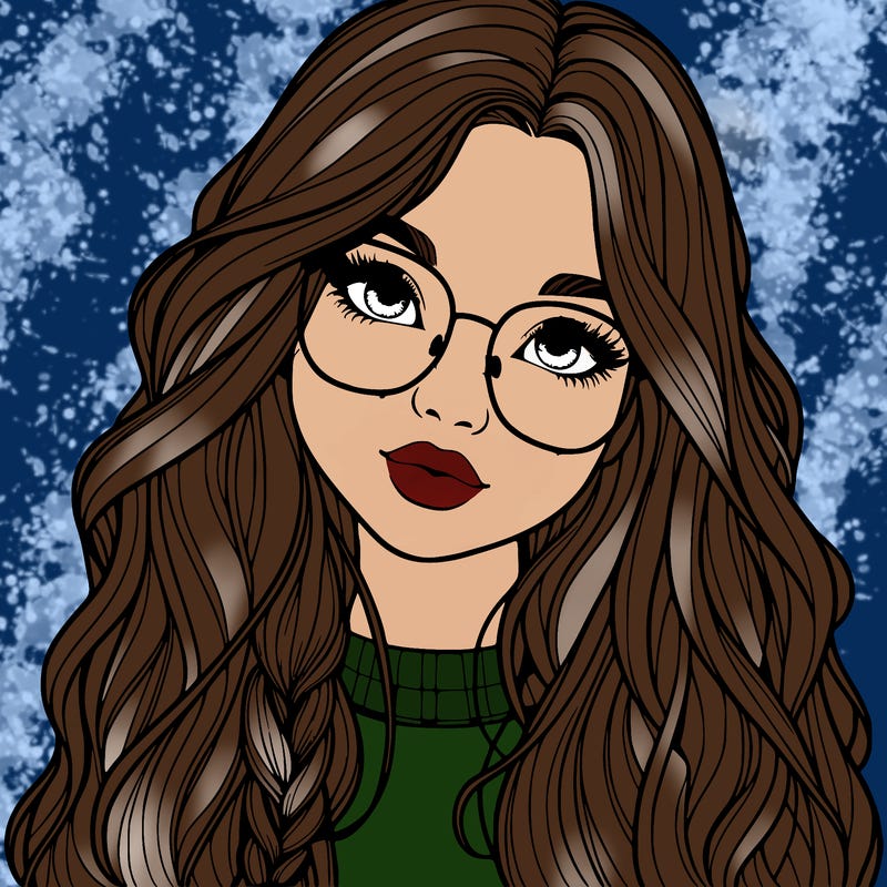 girl with long hair and freckles and glasses realistic