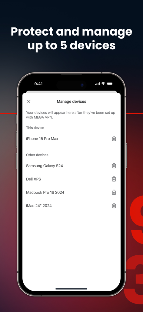 MEGA VPN manage devices screen showing connected devices including iPhone Samsung and Macbook