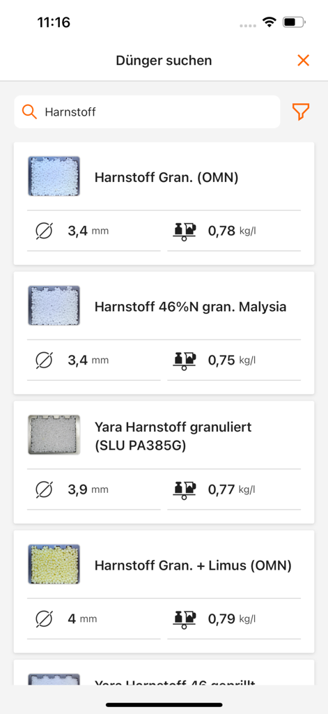mySpreader - mySpreader app interface showing a searchable fertilizer database with granule size and density details