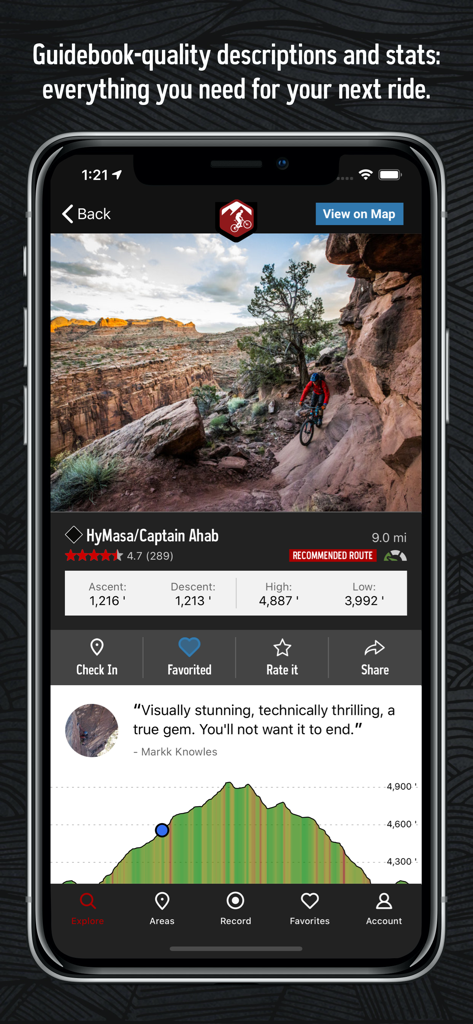 MTB Project - Detailed mountain bike trail guide in the MTB Project app featuring trail photos and elevation stats