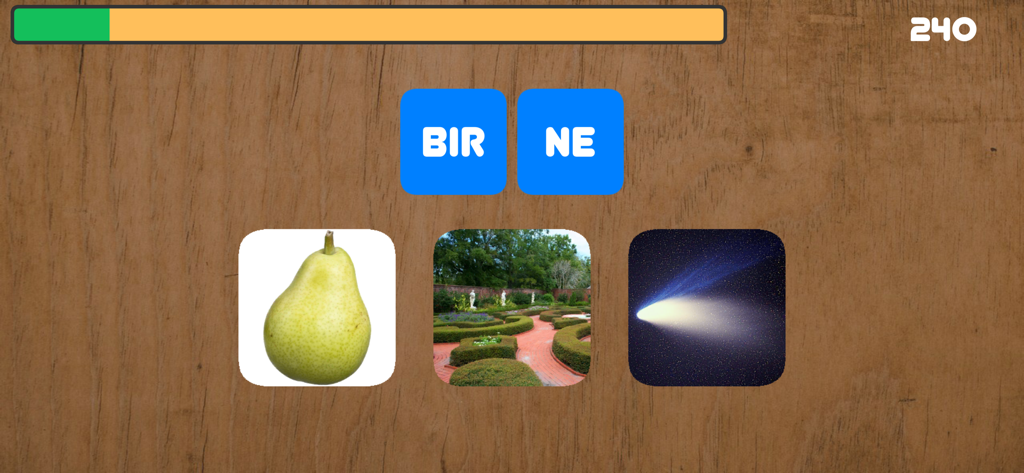 Silben lesen lernen - Bildschirm eines Lernspiels für Kinder, das das deutsche Wort für Birne in die Silben BIR und NE aufteilt