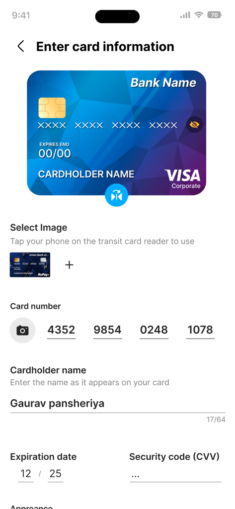 Credit Card : Wallet & NFC - Pantalla de entrada de detalles de tarjeta de crédito manual en la aplicación de billetera digital