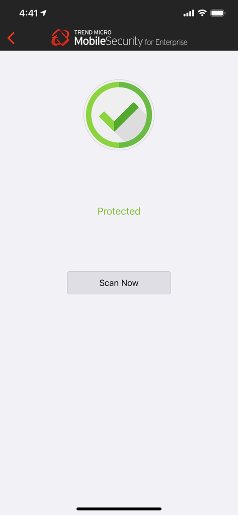 Enterprise Mobile Security - Interface de l'application Trend Micro Enterprise Mobile Security affichant une coche verte avec un statut protégé et un bouton d'analyse maintenant