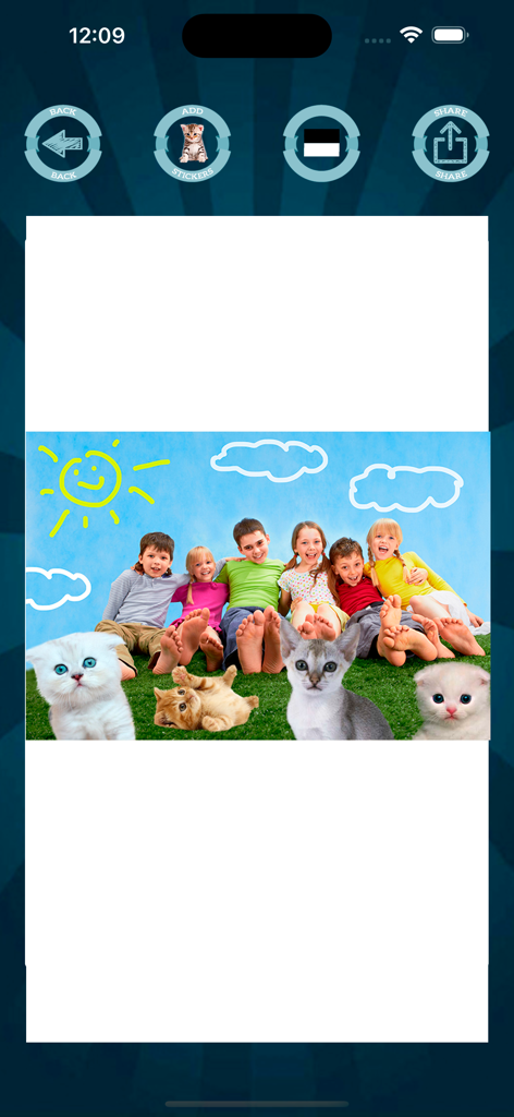 A group photo of children decorated with various kitten stickers and cartoon sky drawings in a mobile photo editor