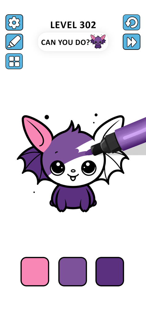 Coloring Page ASMR Drawing - A digital coloring page interface showing a cute cartoon bat being colored with a purple marker
