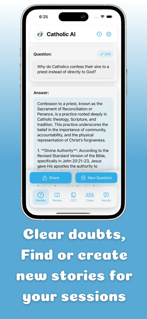 Catholic AI - Faith Guide - Catholic AI app interface showing a theological question and answer about the Sacrament of Reconciliation