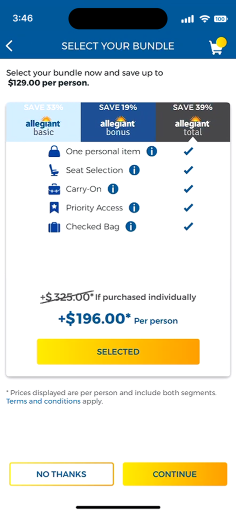 Interface da aplicação Allegiant Air para selecionar pacotes de viagem mostrando diferentes níveis de pacotes e poupanças de custos.