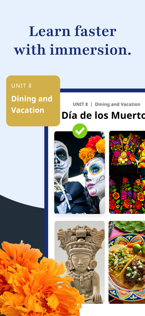 Rosetta Stone: Learn Languages - Aplicación Rosetta Stone que muestra una lección de idioma inmersiva para la Unidad 8 Cena y Vacaciones, enfocada en la cultura mexicana.