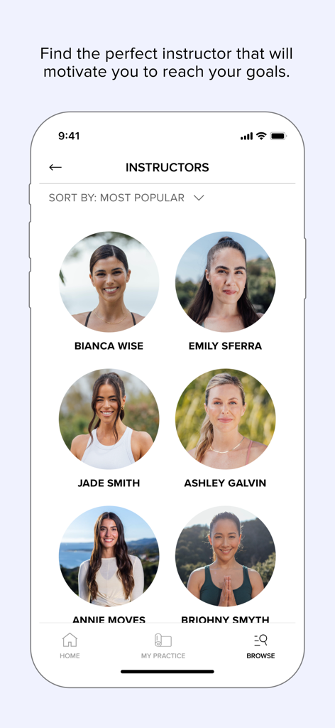 Elenco degli istruttori di yoga e fitness più popolari nell'app ALO Wellness Club.