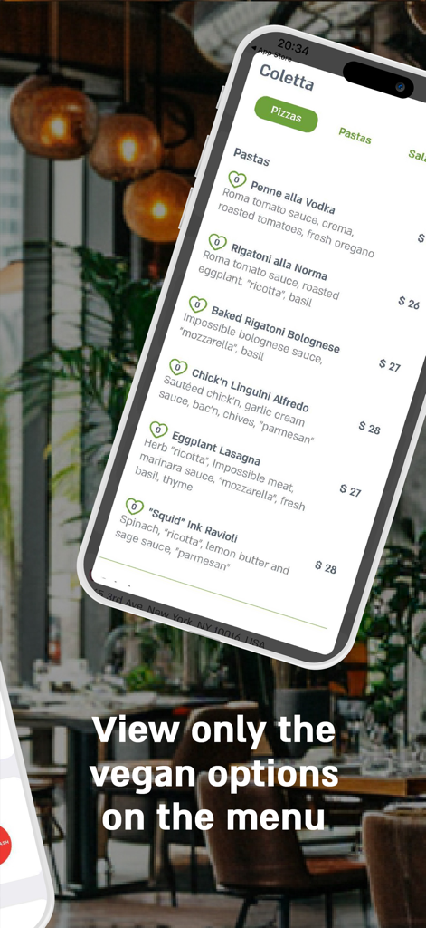 Vegan Friendly - A smartphone displaying the Vegan Friendly app with a filtered restaurant menu showing plant-based pasta options