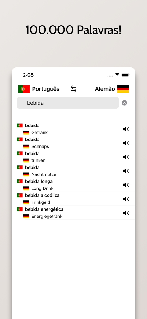 Portuguese-German dictionary search interface showing translations for the word bebida with audio icons