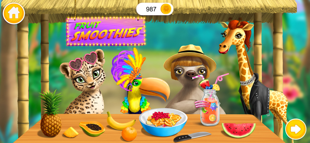 Jungle animals at a tropical fruit smoothie stand in a kids game