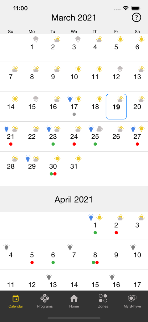 B-hyve Pro app calendar screen displaying smart irrigation schedule and local weather icons.