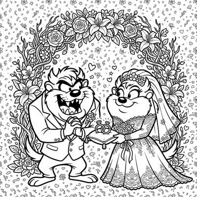 Witness a unique union with our Tasmanian Devil Wedding coloring page. This delightful design captures the joy of two beloved characters tying the knot under a beautiful floral arch, ready for your creative touch.