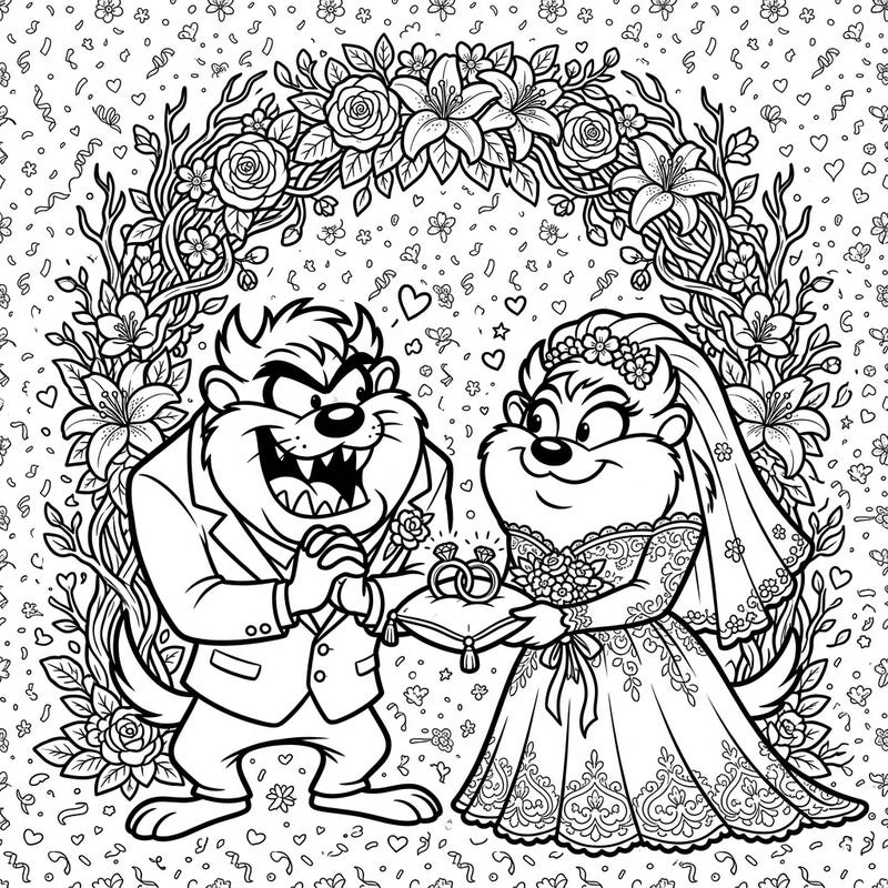 Witness a unique union with our Tasmanian Devil Wedding coloring page. This delightful design captures the joy of two beloved characters tying the knot under a beautiful floral arch, ready for your creative touch.
