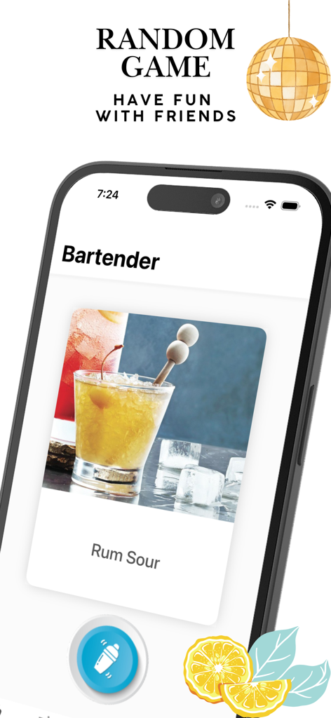 Bartender-Cocktail Drinks 앱이 럼 사워 레시피와 무작위 칵테일 게임 버튼을 특징으로 하는 스마트폰 화면.