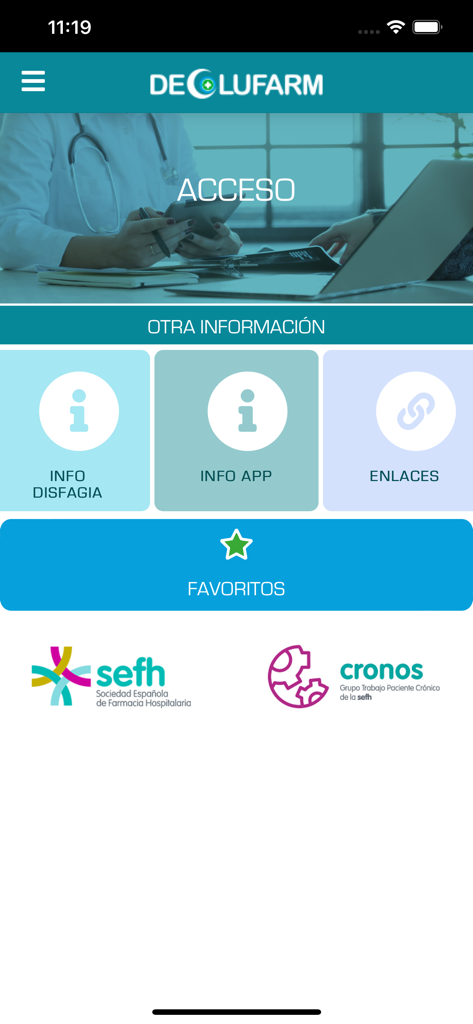 Deglufarm - Main dashboard of the Deglufarm app showing options for dysphagia information and favorites for healthcare providers