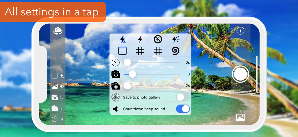 Self Timer - Multi shot photo - Une interface de caméra mobile affichant des paramètres de retardateur réglables, des options de prise de vue en rafale et des grilles de composition sur une scène de plage tropicale.