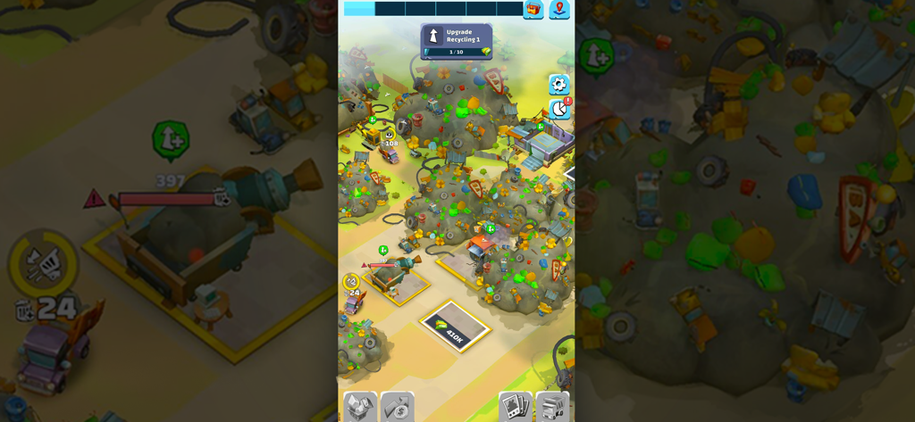 Idle Junkyard Tycoon: Be Rich! - Captura de pantalla del juego de Idle Junkyard Tycoon que muestra pilas de basura y maquinaria de reciclaje en una colorida interfaz de gestión