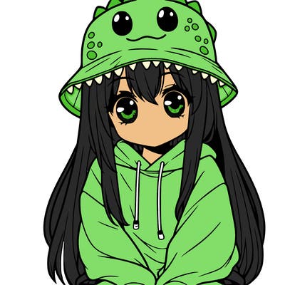 girl with anime shaped eyes with a dinosaur bucket hat oversized sweatshirt long straight hair