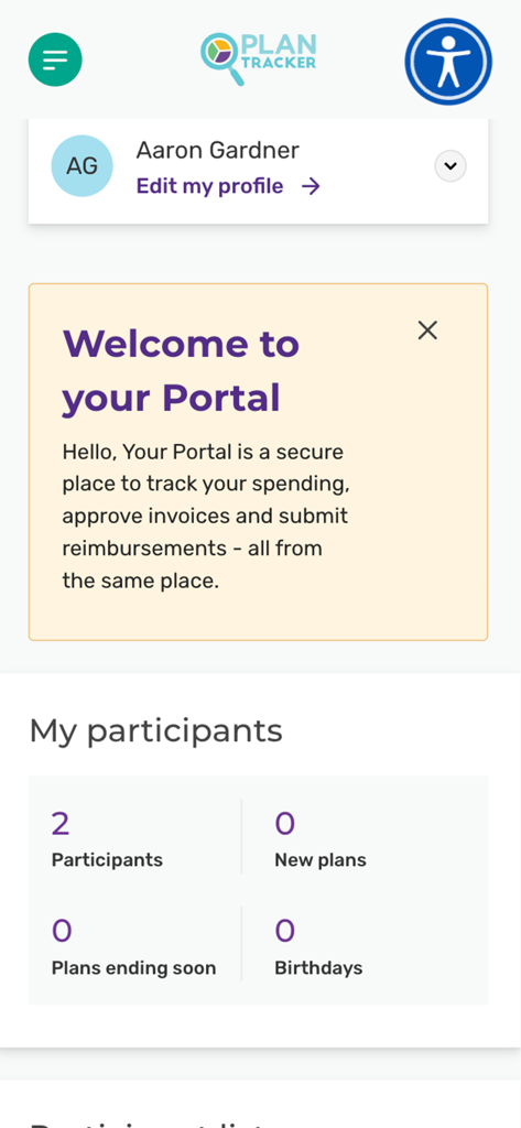 Plan Tracker Portal app dashboard showing participant summaries and a welcome message.