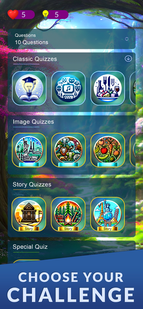 Menu principal do aplicativo de trivia QuiDiDo mostrando diferentes modos de jogo como Quizzes Clássicos de Imagem e História.