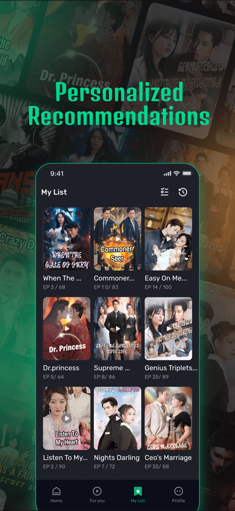 CoolShort app interface showing personalized drama recommendations and my list