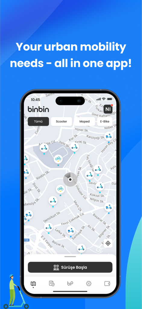 BinBin Scooters - BinBin app showing a city map with available electric scooters and bikes