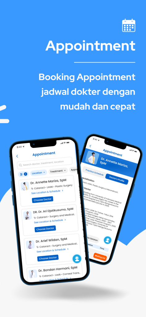KMN EyeCare (ANJ HealthCare) - Pantalla de la aplicación KMN EyeCare para reservar citas con oftalmólogos con una lista de especialistas