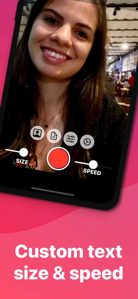 Instant Prompter: Teleprompter - Interfaz de teleprompter mostrando a una mujer sonriente grabando un vídeo con deslizadores ajustables de tamaño de texto y velocidad de desplazamiento.