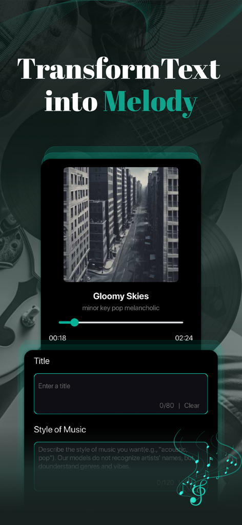 Interfaccia dell'app Brev AI che mostra come trasformare il testo in melodia