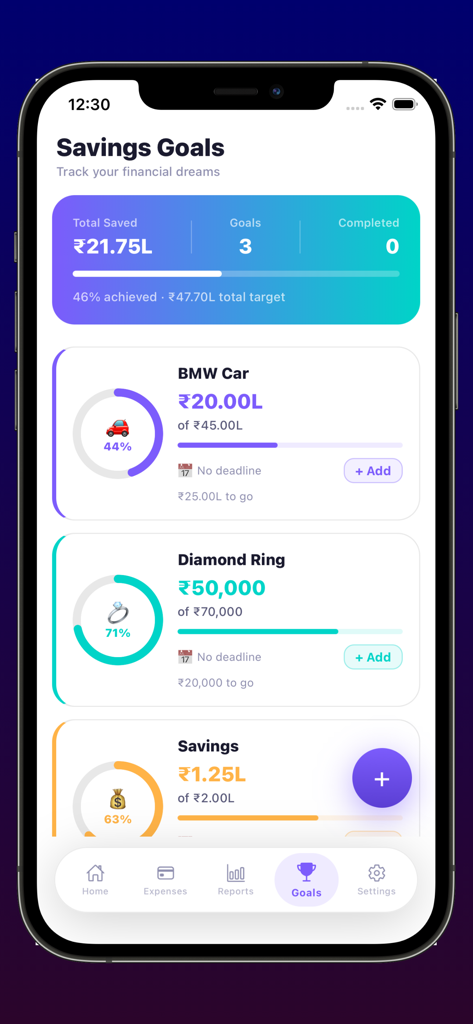 Expense Tracker Budget Manager - Visual savings goals dashboard with progress tracking for a car and diamond ring in the Expense Tracker app