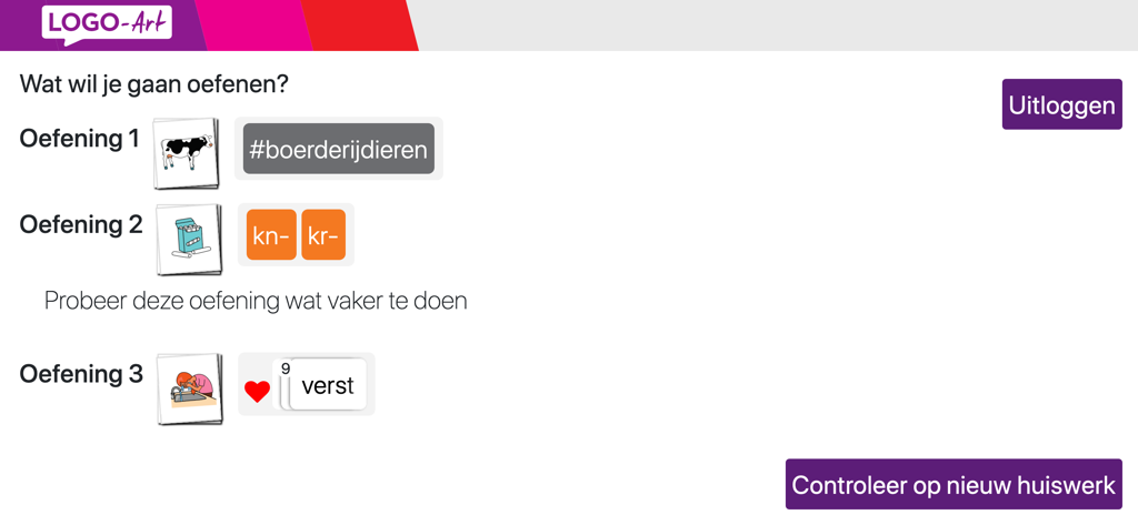 LOGO-Art Thuis - Interface of the LOGO-Art Thuis app showing a list of personalized speech therapy homework exercises for children