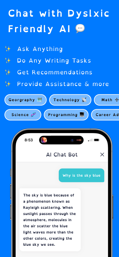 Dyslexia Font - AI Tutor & Pal - Dyslexia Font app AI tutor chat interface using dyslexic friendly font