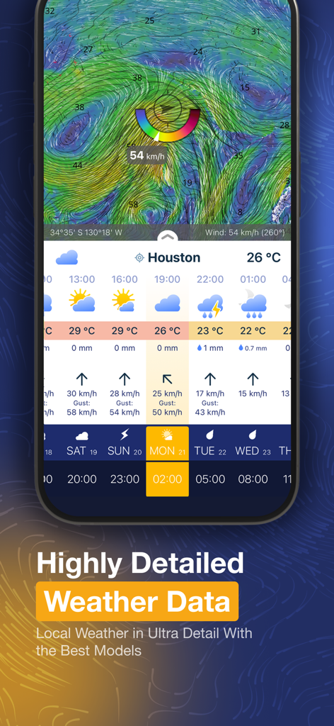 Ventusky: Weather & Live Radar - Detailed weather forecast and wind map interface of the Ventusky app for Houston